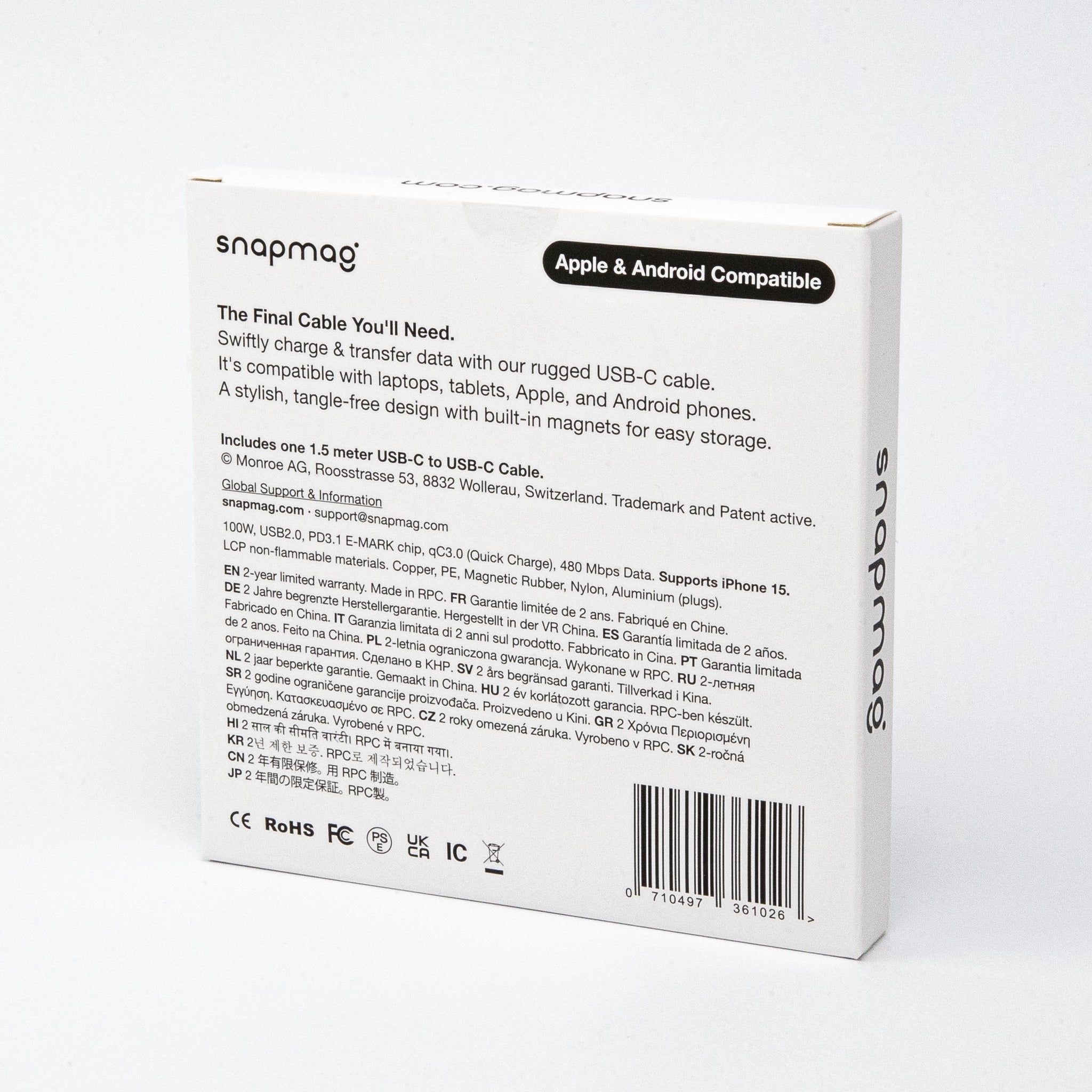 USB - C to C | iPhone 15, Android | Alle Typ C Geräte | 1.5 m | BLACK EDITION - snapmag - SN - C - C - 002 - 1.5 - 0710497361026